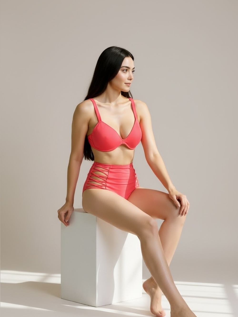 PINK Victoria’s Secret Neon Pink High-Waisted Bikini & Push-Up Swim Top Set
